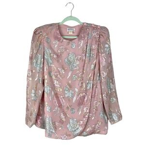 Vintage Patra Sténay Pink & Floral Metallic Wrap Blouse Size 14 Evening Wedding